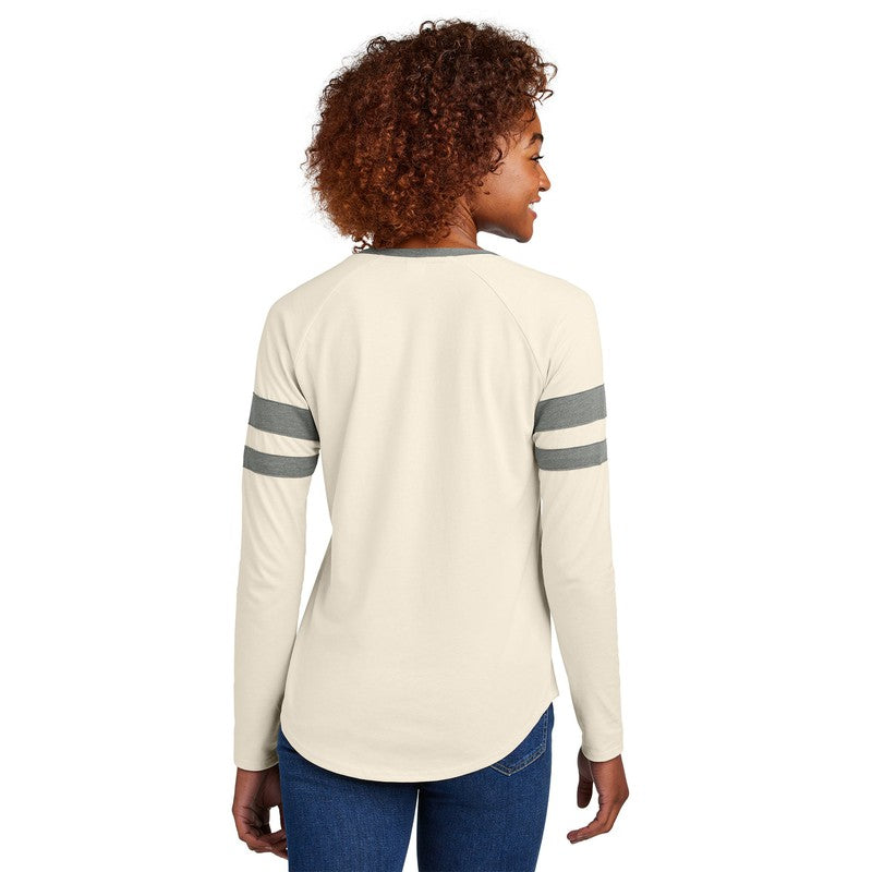 STRAYER Sport-Tek® Ladies Halftime Stripe Long Sleeve V-Neck Tee - Vintage Heather/ Ecru