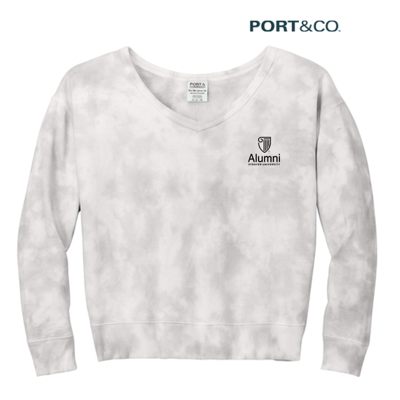 STRAYER ALUMNI Port & Company® Women's Beach Wash® Cloud Tie-Dye V-Neck Sweatshirt (3.5" logo) - Dove Grey